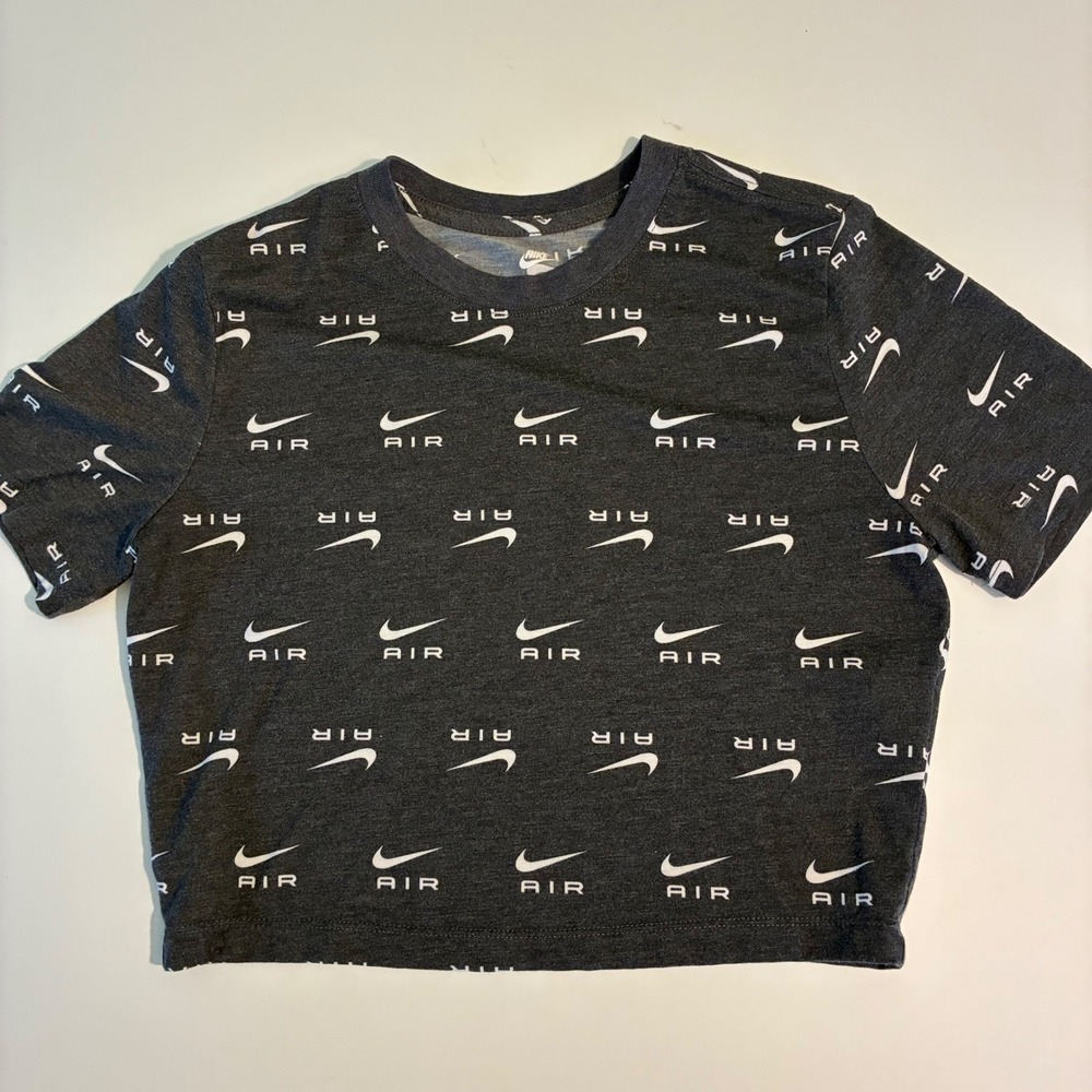 Nike‎ Air Womens Medium Charcoal Grey Logo Print Slim Fit Cropped T-Shirt